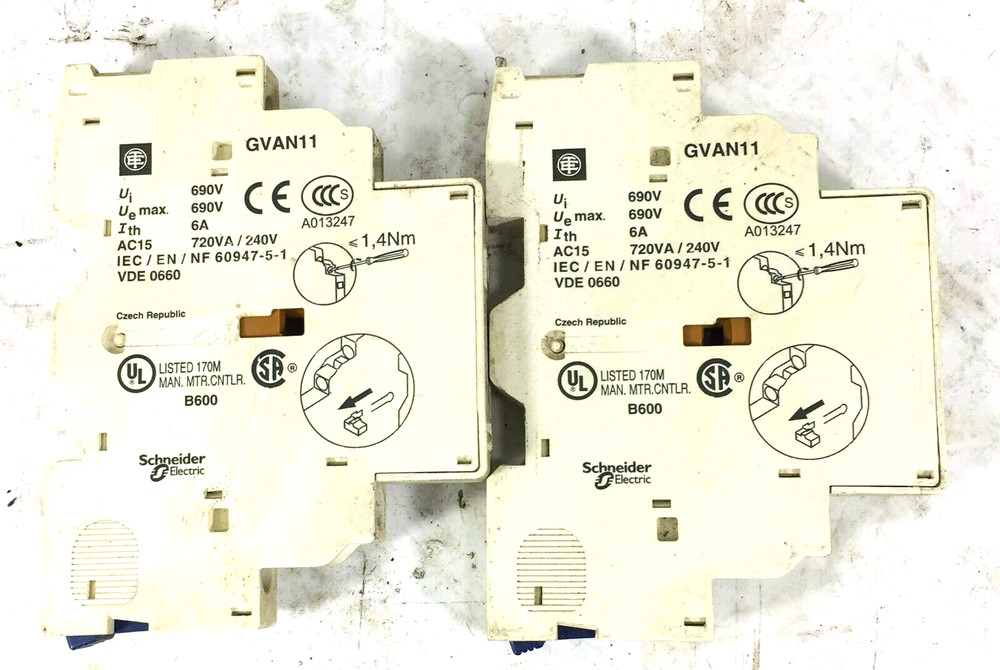 2 USED SCHNEIDER ELECTRIC GVAN11 AUXILIARY CONTACT BLOCKS 6 AMP ***MAKE OFFER***