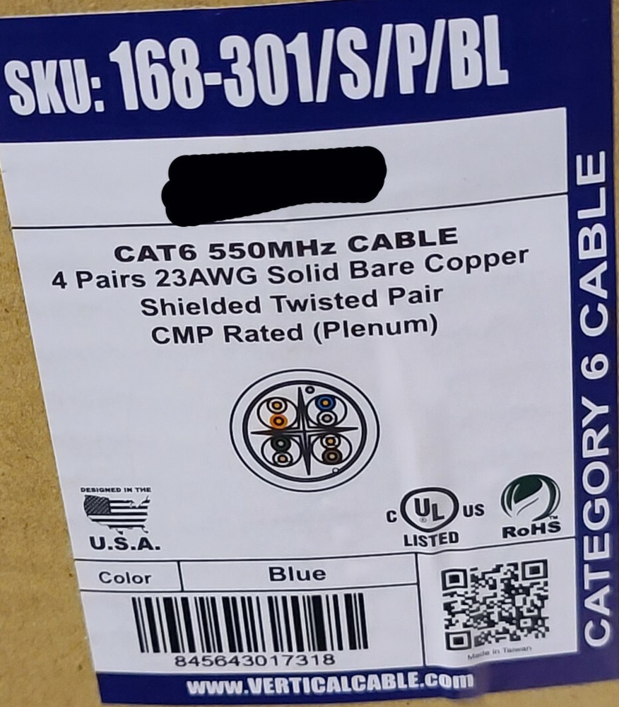 Vertical Cable 168-301/S/P/BL High Grade F/UTP Shielded CAT6 Plenum Blue /100ft