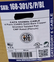 Vertical Cable 168-301/S/P/BL High Grade F/UTP Shielded CAT6 Plenum Blue /100ft