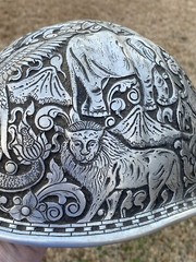 VINTAGE HAND ENGRAVED ALUMINUM McDONALD HARD HAT INDONESIA JUNGLE ANIMALS ART