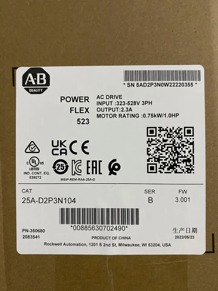 New Allen-Bradley 25A-D2 P3N104PowerFlex 523 0.75kW 1Hp AC Drive