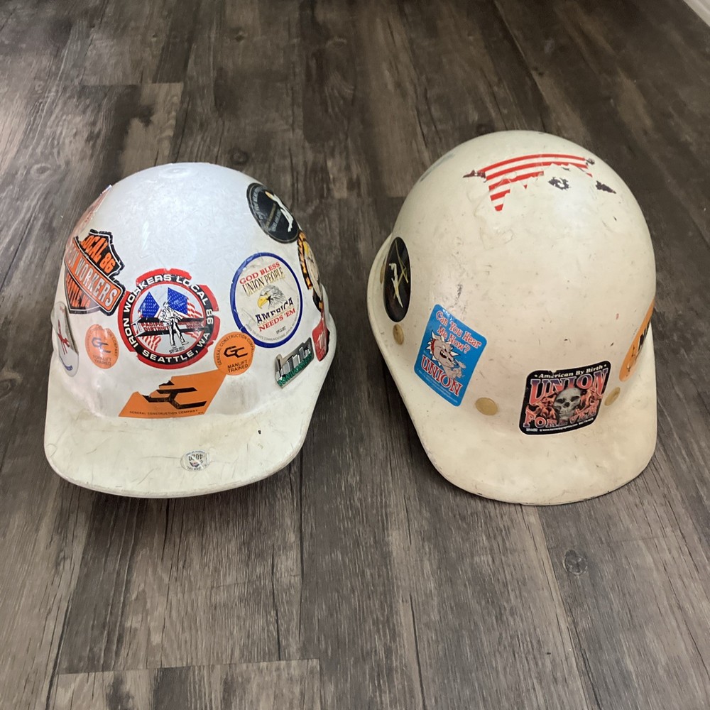 Lot 2 Vintage Fibre-Metal Hard Hats White Class E & G Seattle Ironworker Union