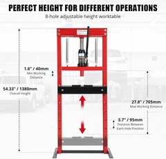12T Hydraulic Press,H-Frame Press w Adjustable Table for u-Joints&Bending Red