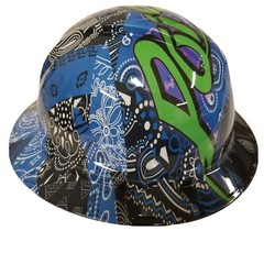 full brim hard hat custom hydro dipped IN BLUE BANDANNA WITH POISON LOGO
