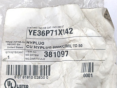 Burndy YE36P71X142 CU HY PLUG 600KCMIL TO 50 *NEW*