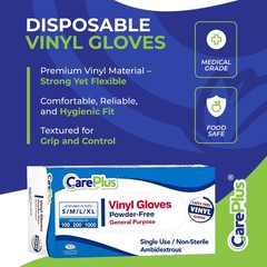 CARE PLUS Vinyl Gloves Clear Medium Size 200 Count | Heavy Duty, NonSterile, …