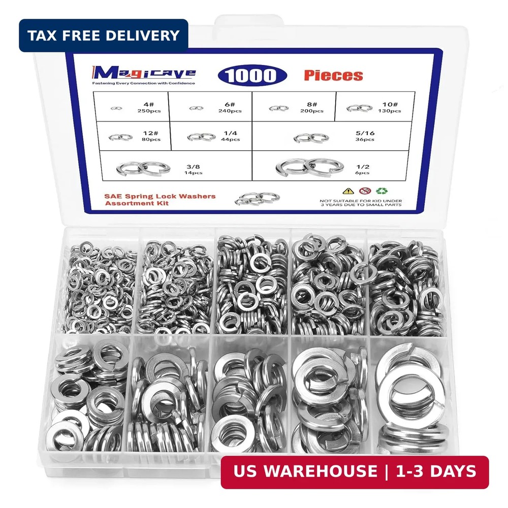 1000 Pcs Spring Lock Washers Assortment Kit – 9 SAE Sizes Split Lock Washers, 30