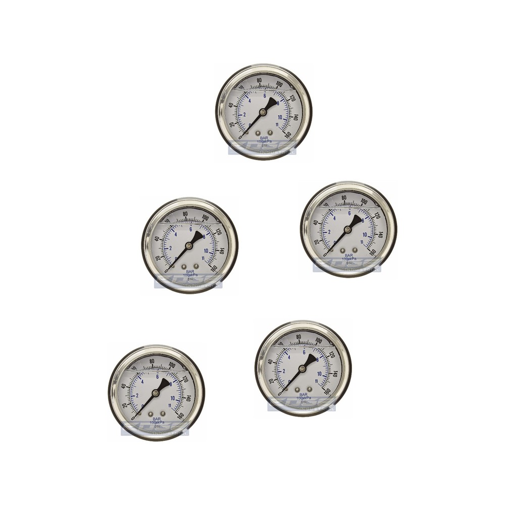 5 PACK LIQUID FILLED PRESSURE GAUGE 0-160 PSI, 2.5″ FACE, 1/4″ BACK MOUNT WOG