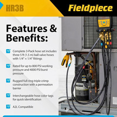 Fieldpiece HR3B Ball Valve Refrigerant Hose Set 3-Pack 1/4″ x 1/4″ 5ft Color Tag