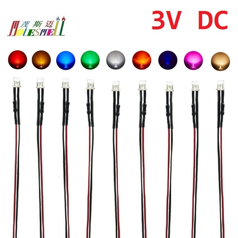 3mm Flat 3V Pre-Wired Red Yellow Blue Green White Orange UV Pink Warm white Leds
