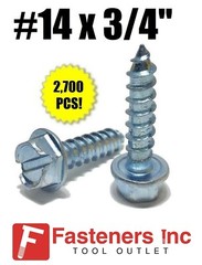 (Qty 2700) #14 x 3/4″ Hex Washer Head Slotted Sheet Metal Screw Zinc Plated Bulk