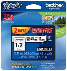 2-PACK – Genuine Brother TZe-2312PK – 12mm 1/2″ Black on White P-Touch TZE Tape