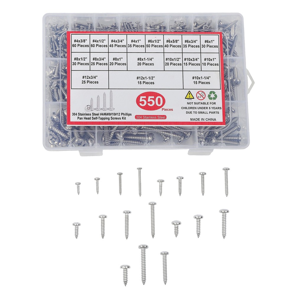 550Pcs 304 Stainless Steel Wood Screws Assortment Kit Phillips #4 #6 #8 #10 #12