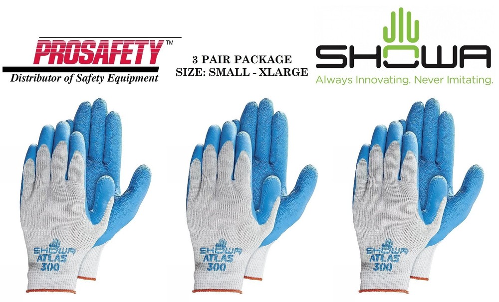 3- ATLAS 300 BLUE RUBBER Palm Coated General Purpose PROTECTIVE WORK GLOVES S-2X