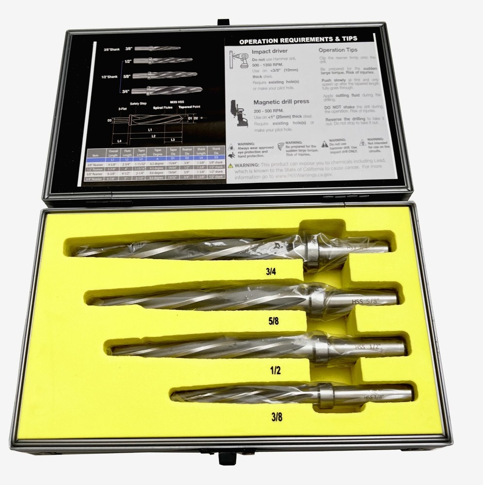 HSS M2 Taper Chucking Reamer Spiral Flute 4Pcs Set 3/8″-1/2″-5/8″-3/4″ cut hole