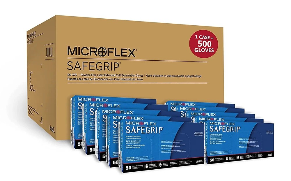 Microflex SG-375 SafeGrip LARGE Latex Blue Exam Gloves 500 Pack – 10 BOXES
