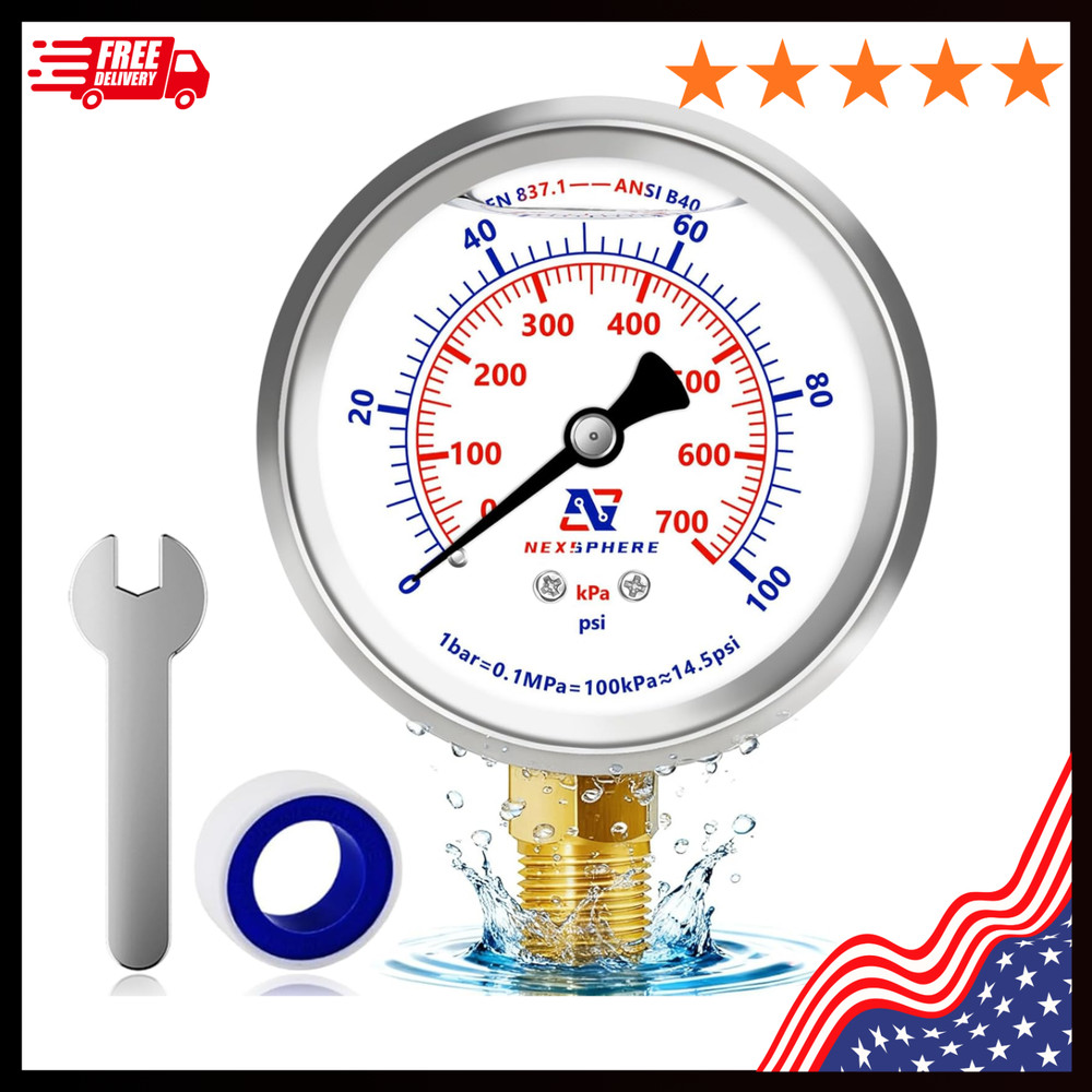 NexSphere 0-100 PSI Liquid Filled Pressure Gauge, 1/4 NPT Lower Mount, 2.5 Di…
