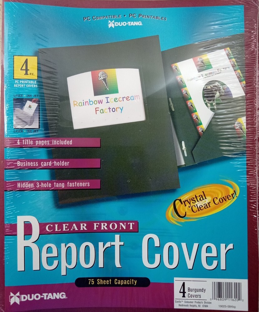 DUO-TANG Clear Front Report Cover 4 Burgandy Linen 3-hole Printable 75 sheet