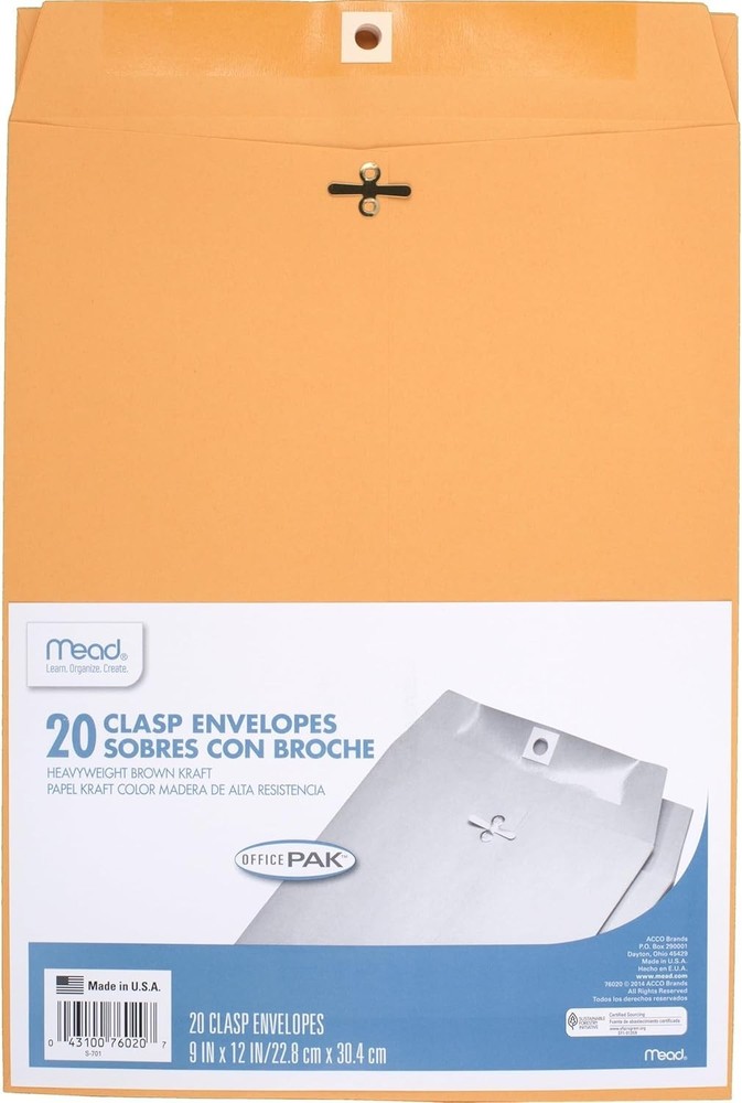 20 Pack Classic Brown Kraft 9″ x 12″ Envelopes with Clasp Closure – Made in USA