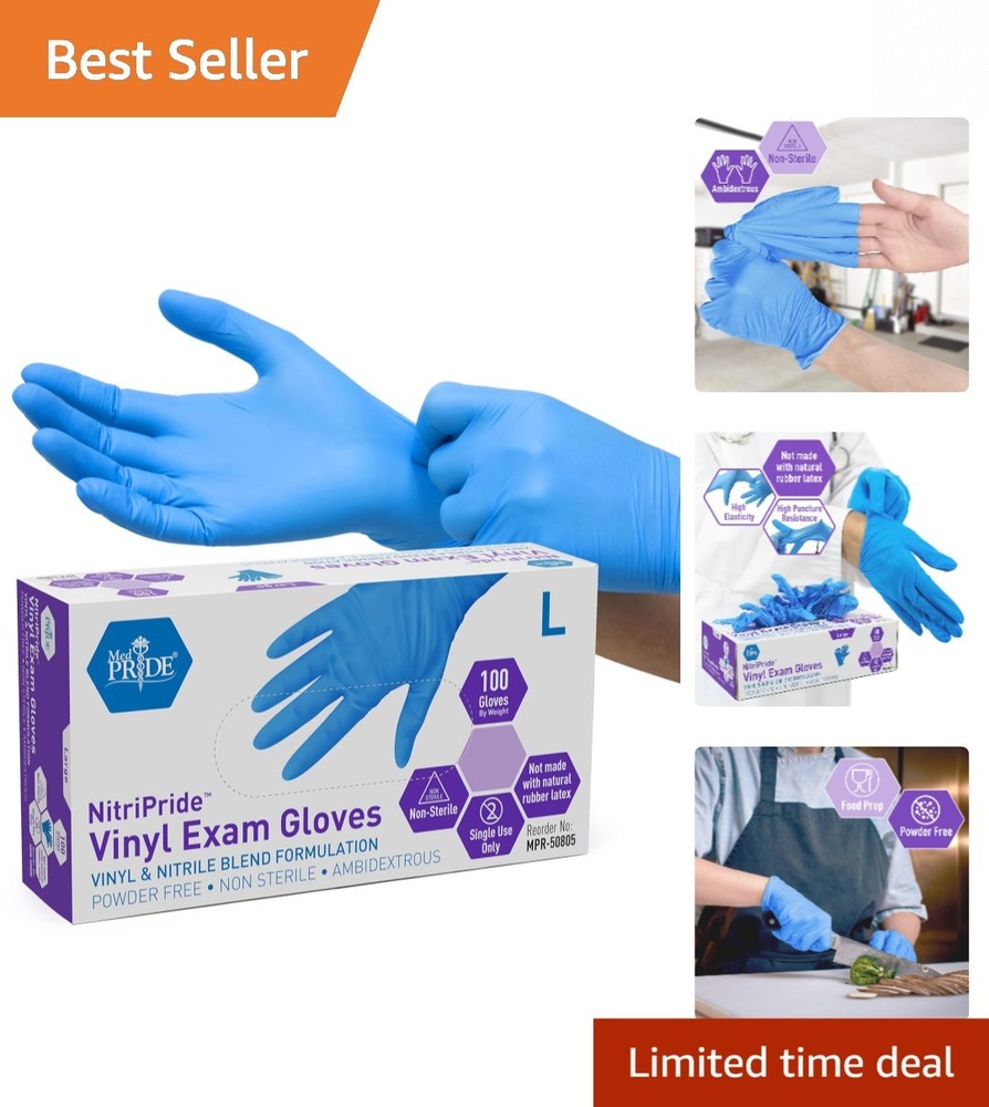 Comfortable Blue Nitrile/Vinyl Gloves – Powder-Free, Large Box of 100 for Safety