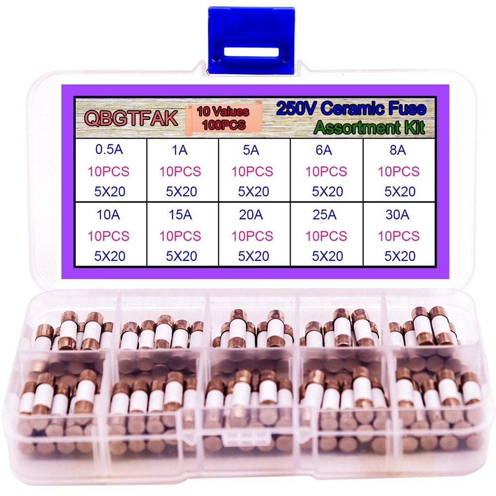 QBGTFAK 100pcs Quick Blow Ceramic Tube Fuse Assorted Kit Amp 250V 0.5A, 1A, 5…