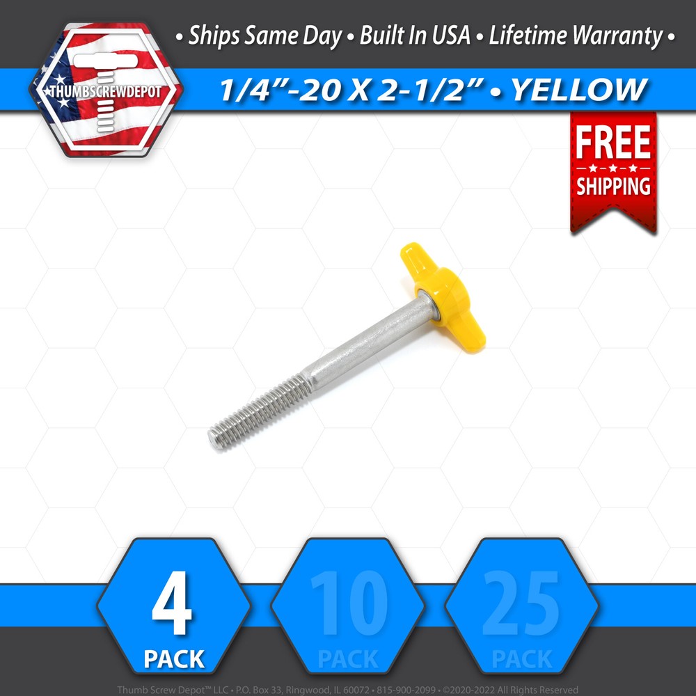 1/4″-20 x 2-1/2″ Thumb Screw Stainless Steel – Yellow Tee / Wing Knob – USA