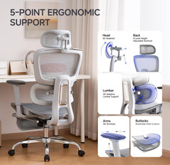 Silla de Oficina Ergonómica con Reposapiés, Cabecero 3D y Soporte Lumbar Gris