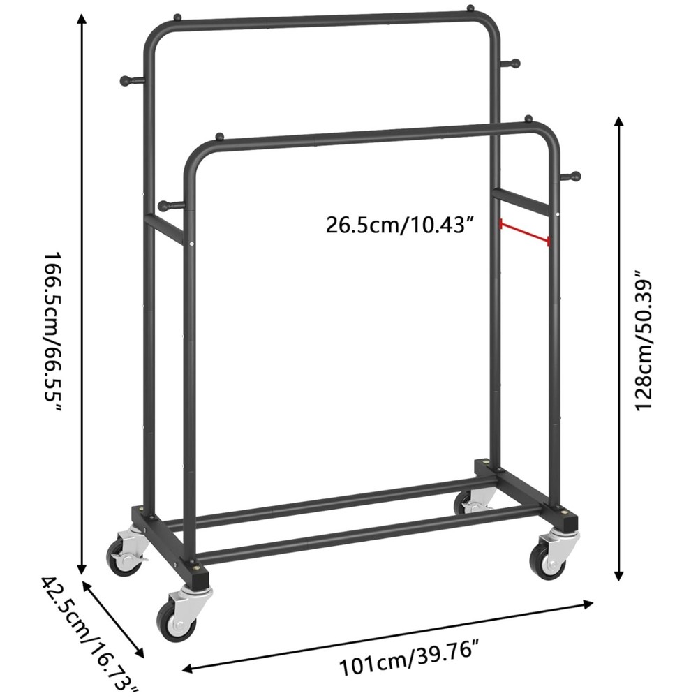 Black Double Rods Garment Rack with Wheels – 150lbs Capacity