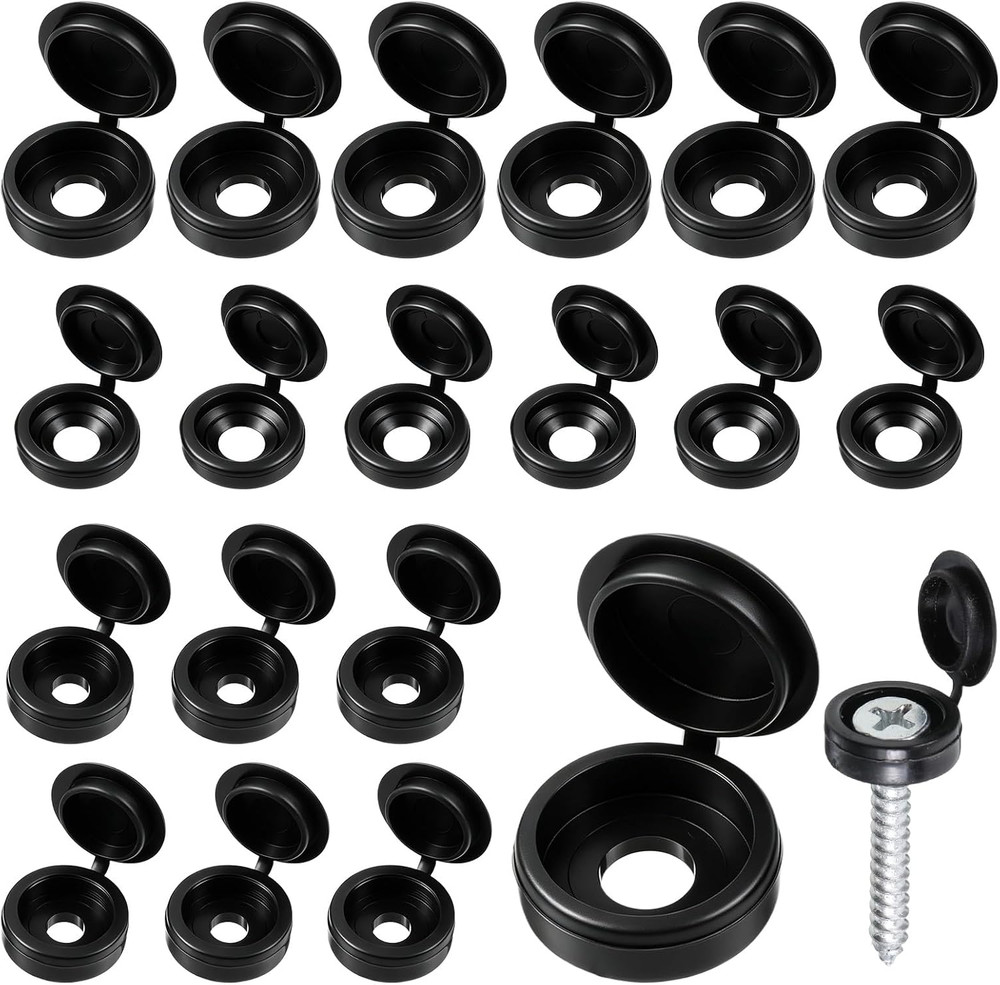 150 PCS Hinged Screw Cover Caps, Black Plastic Screw Cover Caps Snap-On Hinge