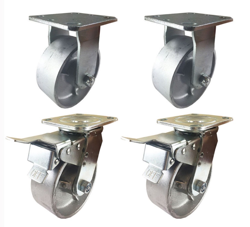4 Heavy Duty Caster Set 4″ 5″ 6″ 8″ All Steel Wheels Rigid & Total Lock Brake