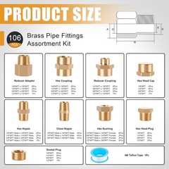 106PCS Brass Pipe Fittings Assortment Kit NPT Extension Adapter,Reducer Bushing,