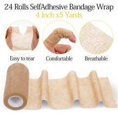 24 Rolls Self Adhesive Bandage Wrap, Vet Wrap 4 Inch 4 x 5 yards, Beige