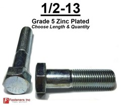1/2-13 Hex Bolt Zinc Plated Grade 5 Cap Screw Coarse Thread (All Lengths & Qtys)