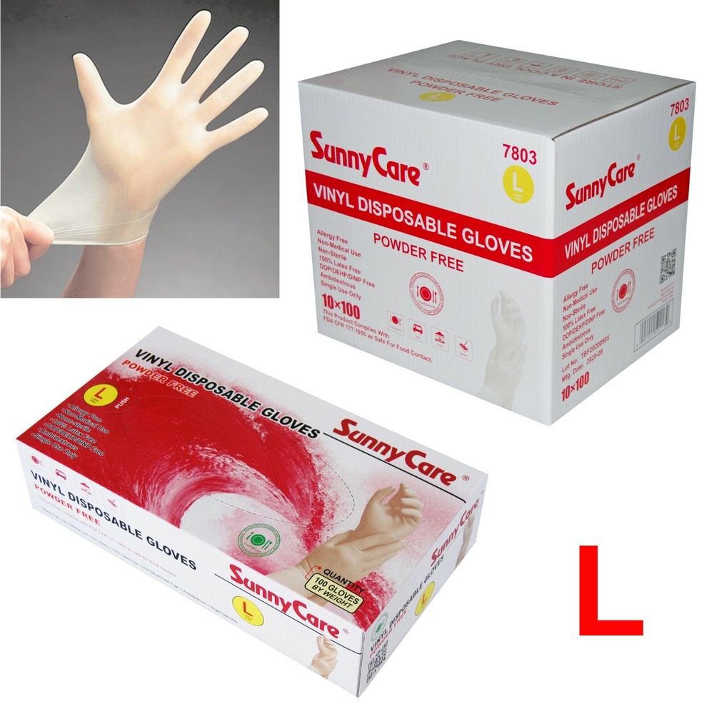SunnyCare #7803 Vinyl Disposable Gloves Powder Free (Latex Nitrile Free) Large