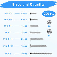 220 Pcs Wood Screws Assortment Kit, 304 Stainless Steel Screws, Phillips Drive F