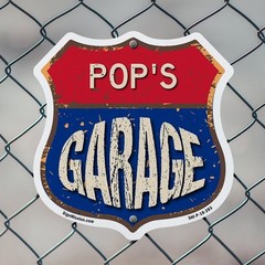 Pop’s Garage Shield Shaped Sign Weather Resistant Crafted in the USA