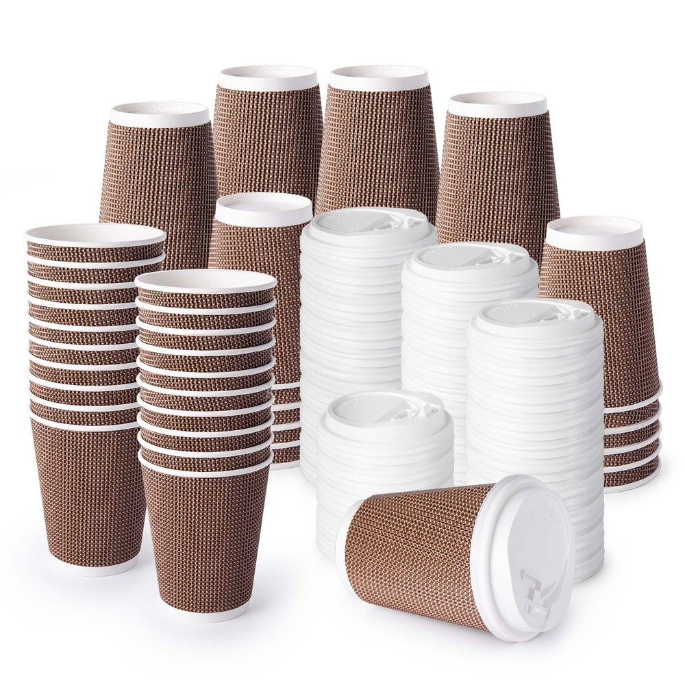 Joycode Brown12OZ Disposable Hot Coffee Insulated Ripple Paper Cups With Lids.