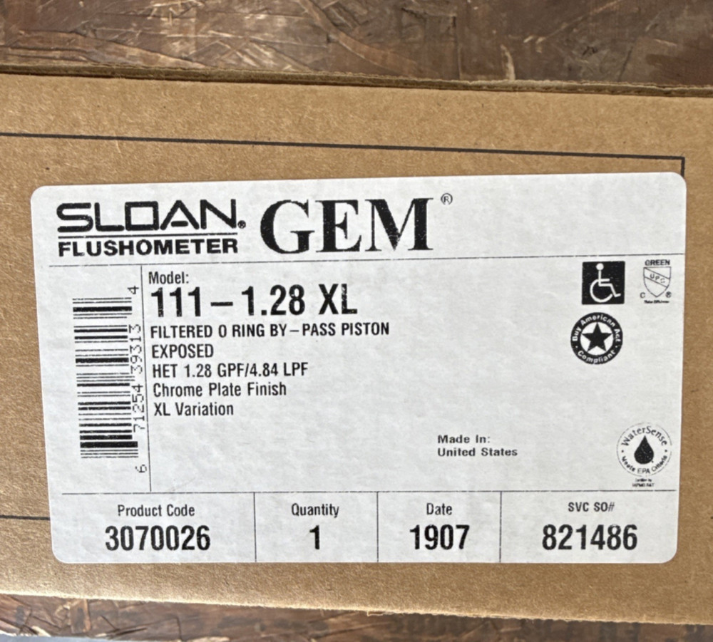 Sloan GEM 111-1.28 XL Manual Flush Valve Chrome Plate Finish 1.28 GPF 3070026