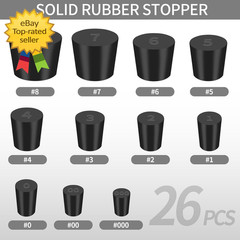 26 Pack Solid Rubber Stoppers – 11 Assorted Sizes Stopper Plugs, 000# – 8# Sizes