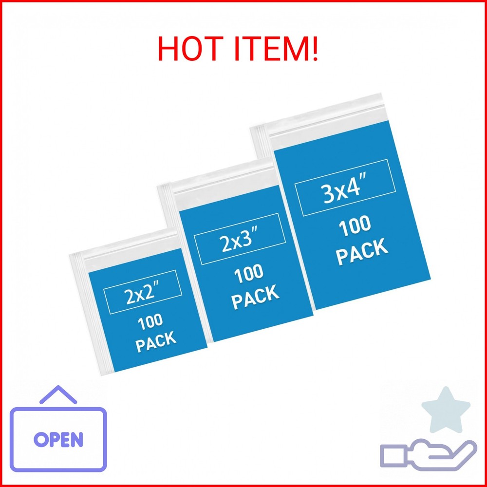 Small Plastic Bags, 300 PCS Small Jewelry Bags 3 Assorted Sizes 2×2 2×3 3×4 Inch