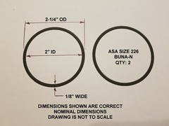 O-ring Size 226, 2″ ID x 2-1/4″ OD x 1/8″ thick. Buna-N. Qty 2. Brand New.