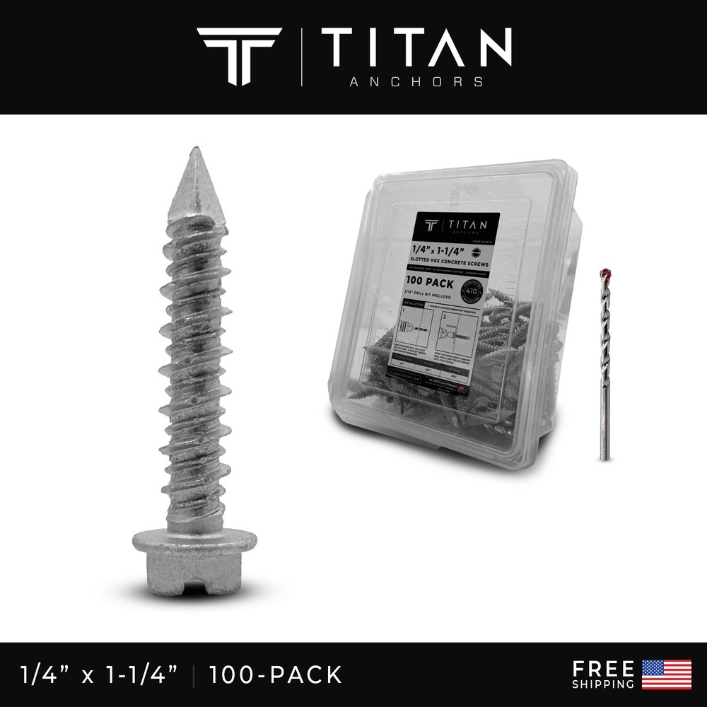 100-Pack 1/4 x 1-1/4″ 410 Stainless Steel Hex-Head Concrete Screws