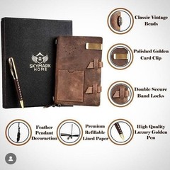 100% Genuine Leather Notebook Journal Gift Set Fountain Pen Brown 5x7in Gift Box