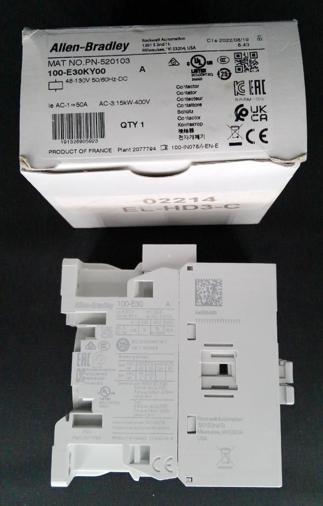 ALLEN BRADLEY 100-E30KY00 MCS-E CONTACTOR, 32A, AC3 DUTY, 48-130V AC 50/60HZ / 4