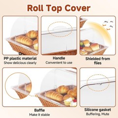 2 Pack Bread Basket Serving Tray 20.5×13 In with Clear Roll Top Cover and Metal