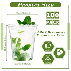 100 Pcs Clear Commercially Cold Cups Disposable Party Cups Plant Based Drinki…