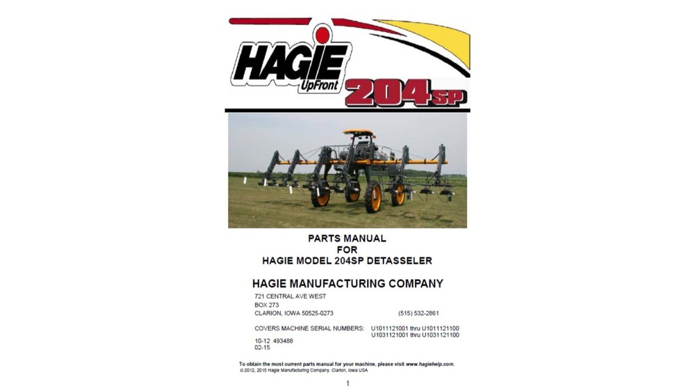 Hagie 204SP Sprayer see S/N in description Spare Parts List Manual PDF USB 2