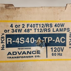 Advance R-4S40-A-TP-AC R4S40ATPAC Type HL Class P Rapid Start Ballast 120V 60HZ