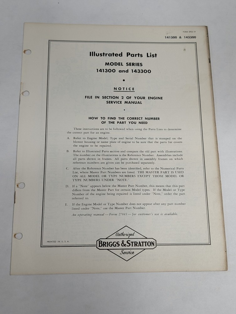 BRIGGS & STRATTON ILLUSTRATED PARTS LIST CATALOG MODEL SERIES 141300 143300