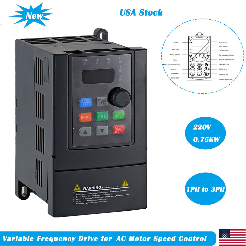 ATO 220V VFD, 1HP 0.75KW 4.7A, Single Phase to 3 Phase Variable frequency drive